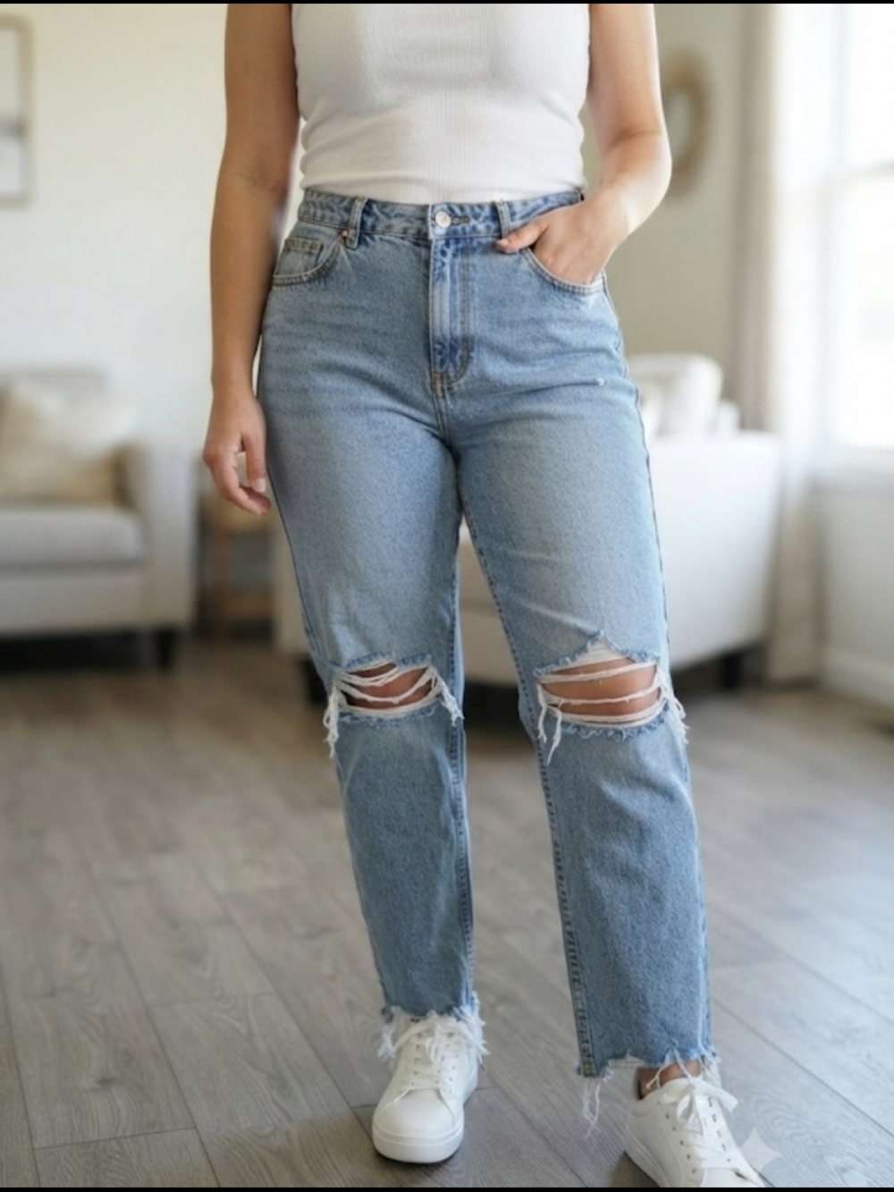 Fashion Nova Distressed Raw Hem Light Wash Denim Jeans Size 13